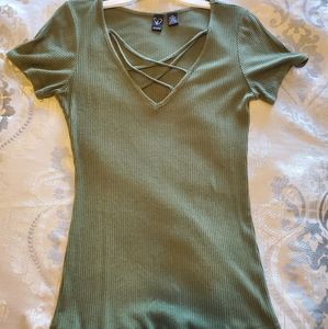 Olive green tee with criss cross front